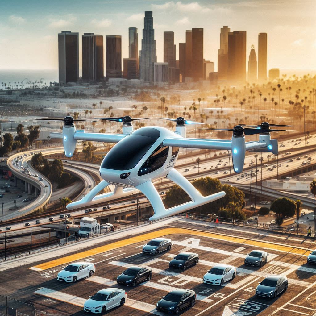Flying Car hovering over busy city roads